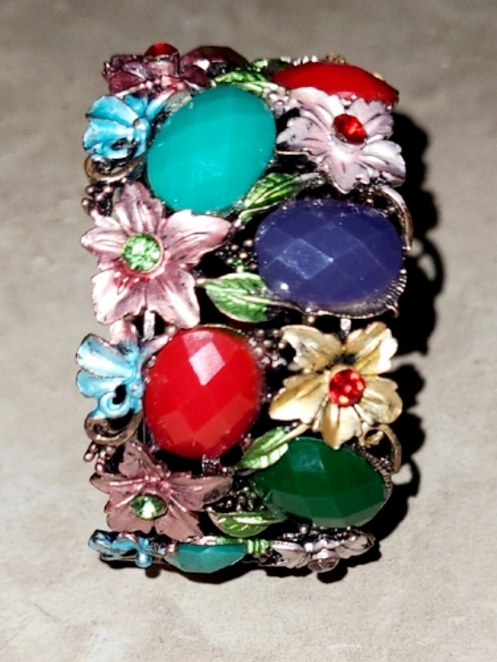 Vintage Style Floral Cuff Bracelet Multicolor Cabochon Statement Boho Wide